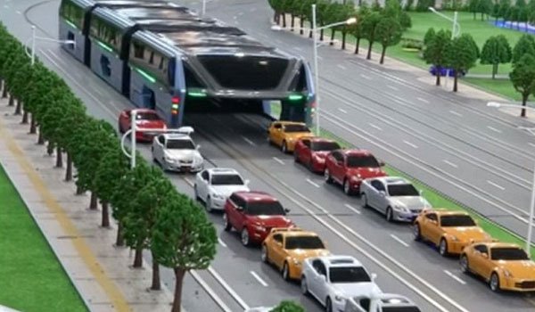 Chinese bus that drives over top of cars